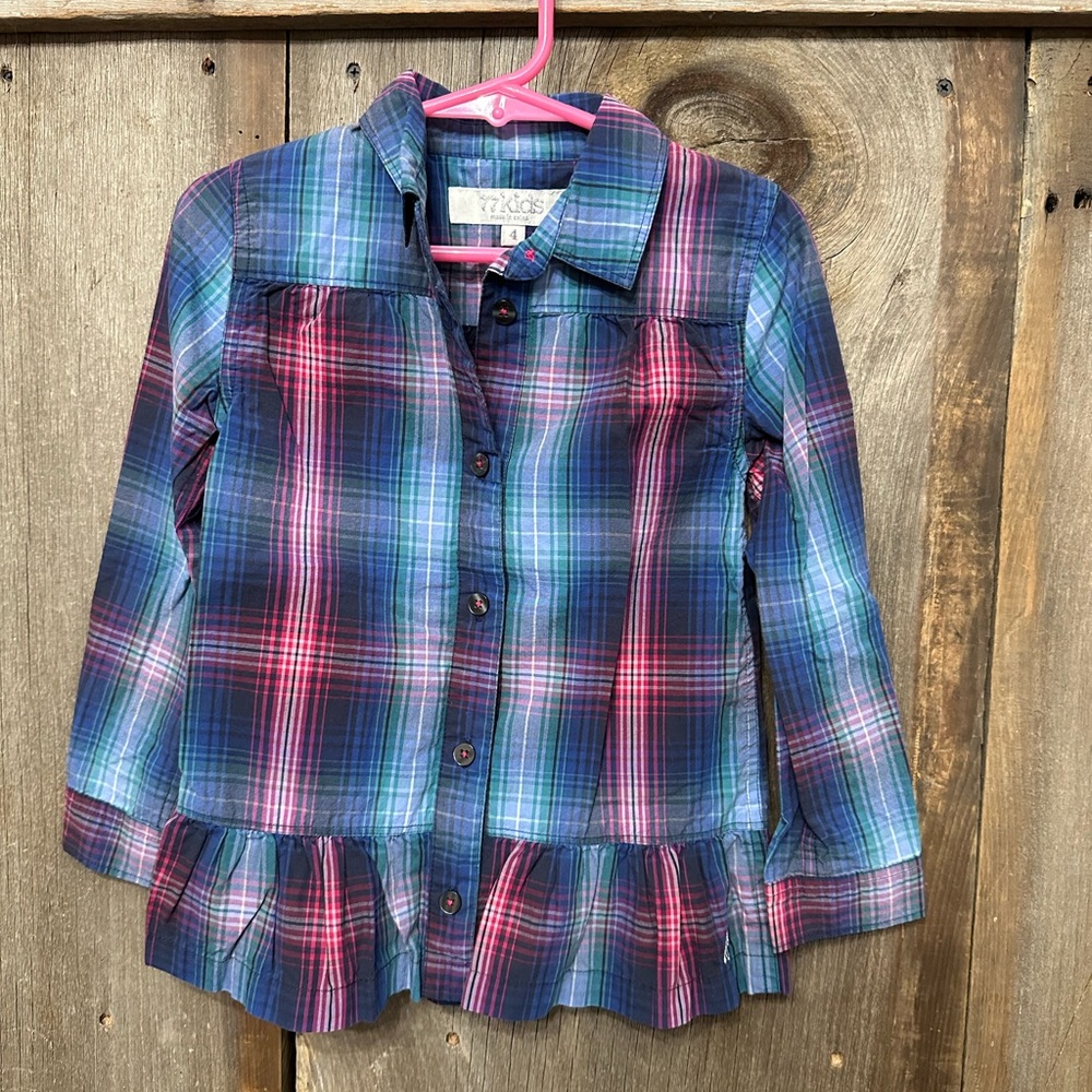 77kids by American Eagle Plaid Peplum Button Down Shirt in Blue Size 4 Girls